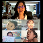 Composite of screenshots of students and a teacher interacting through video conferencing software.